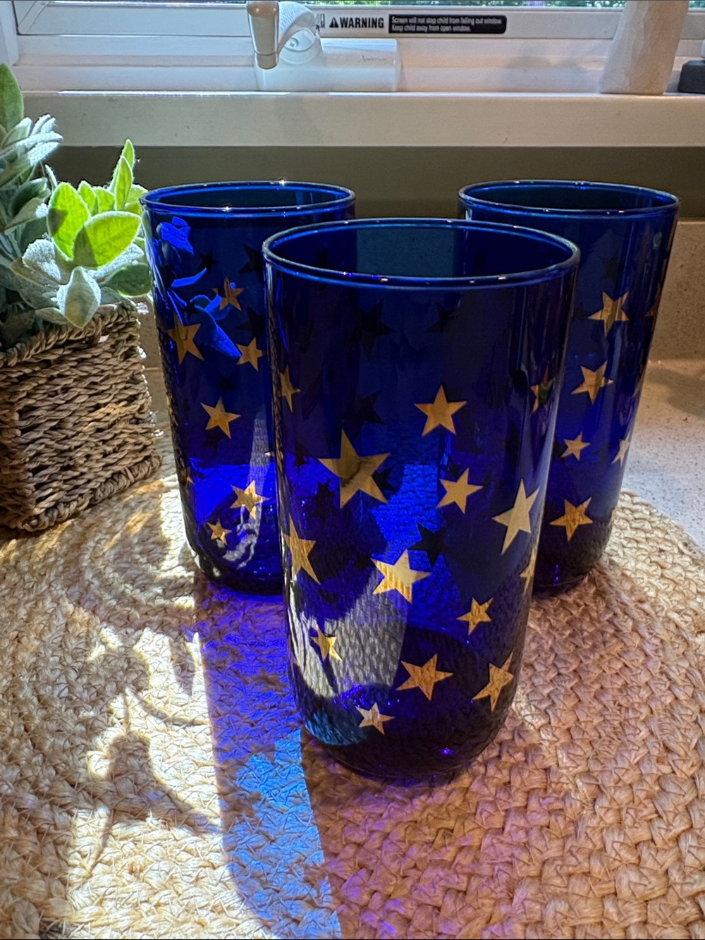 (3) Vintage Cobalt Blue Gold Stars Celestial Libbey Tumblers/Glasses